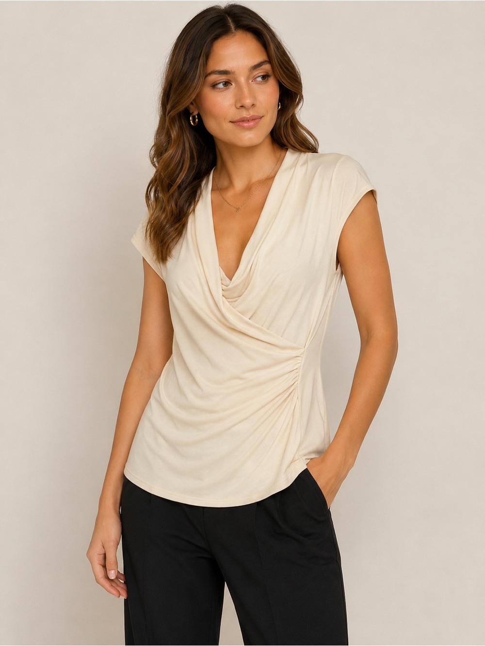 NWT Theory Brianee Soft Ivory Draped Cowl Neck Top Size Medium